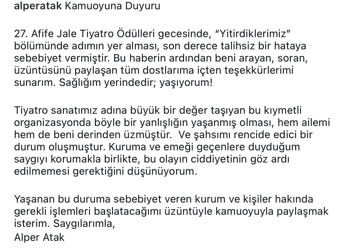 Afife Jale Tiyatro Ödülleri’nde akılalmaz hata: Oyuncu Alper Atak hayatını kaybedenler arasında anıldı