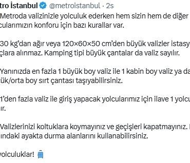 Metro İstanbul’da "valiz için ek ücret" dönemi