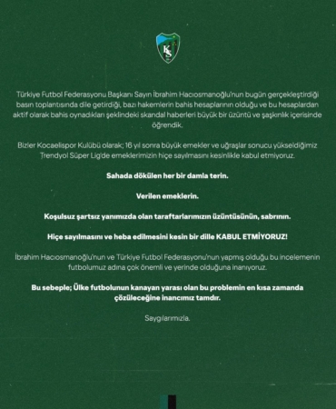 Bahis tartışmalarına Kocaelispor da dahil oldu