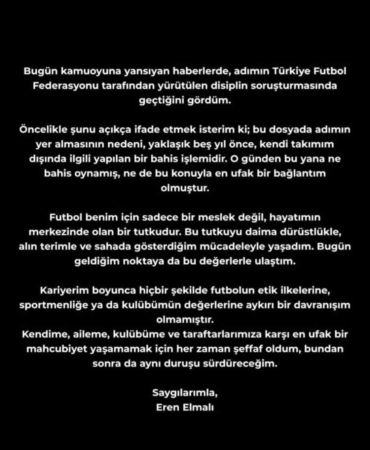 Eren Elmalı: "Bu dosyada adımın yer almasının nedeni, yaklaşık 5 yıl önce kendi takımım dışında ilgili yapılan bir bahis işlemidir"
