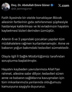 İstanbul İl Sağlık Müdürü Güner: "Ailenin 3 ve 6 yaşlarındaki çocukları yapılan tüm müdahalelere rağmen kurtarılamamıştır"