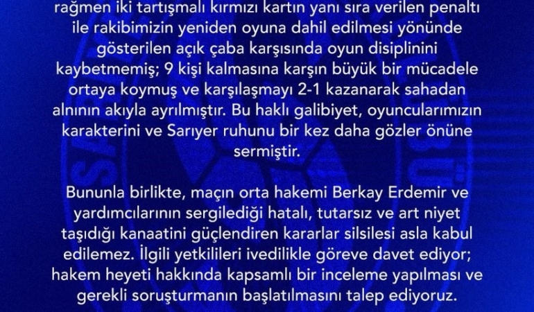 Sarıyer’den, Vanspor maçının hakem heyeti hakkında soruşturma talebi