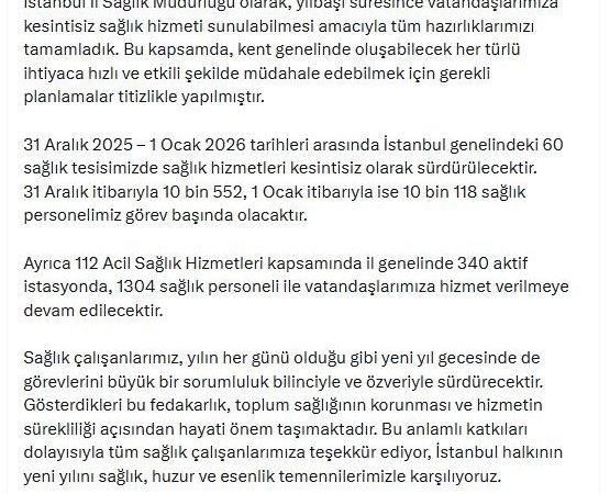 İstanbul’da yılbaşı hazırlığı: 31 Aralık’ta 10 bin 552 sağlık çalışanı görevinin başında olacak