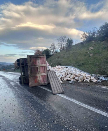 Gönen-Denizkent yolunda kamyon devrildi