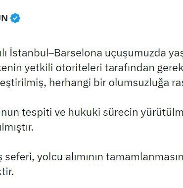 Türk Hava Yolları İletişim Başkanı Yahya Üstün: "Herhangi bir olumsuzluğa rastlanmamıştır"
