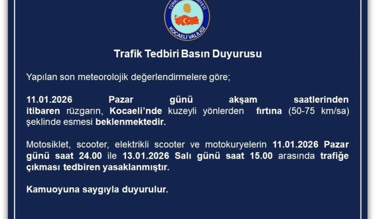 Kocaeli’de motosiklet, scooter ve motokuryelerin trafiğe çıkışı yasaklandı