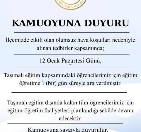 Şarköy’de taşımalı eğitime bir gün ara verildi