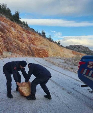 Harmankaya Tabiat Kanyonu’nun yolunu düşen kaya parçası jandarma tarafından kaldırıldı
