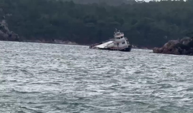 Balıkesir’de fırtına nedeniyle 25 metrelik feribot koya sürüklenerek karaya oturdu
