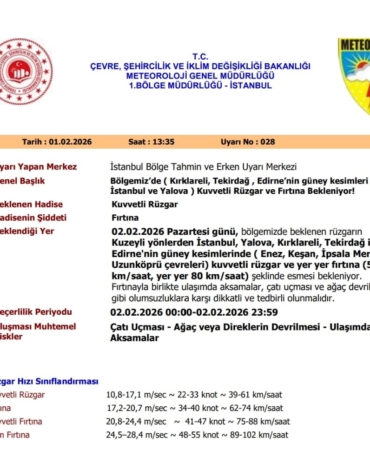 Kırklareli, Tekirdağ ve Edirne için sarı kodlu uyarı