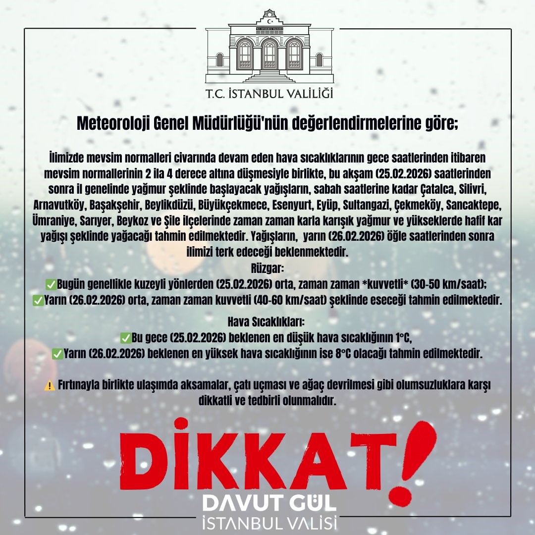 İstanbul Valiliğinden kar yağışı uyarısı