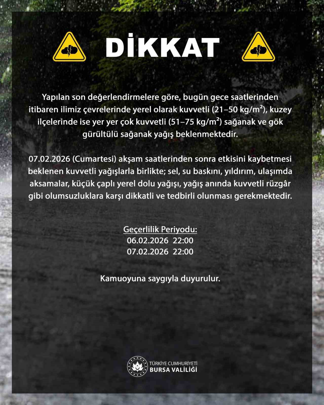 Bursa Valiliğinden kuvvetli yağış uyarısı