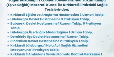 Kırklareli’ne 21 hekim kadrosu tahsis edildi