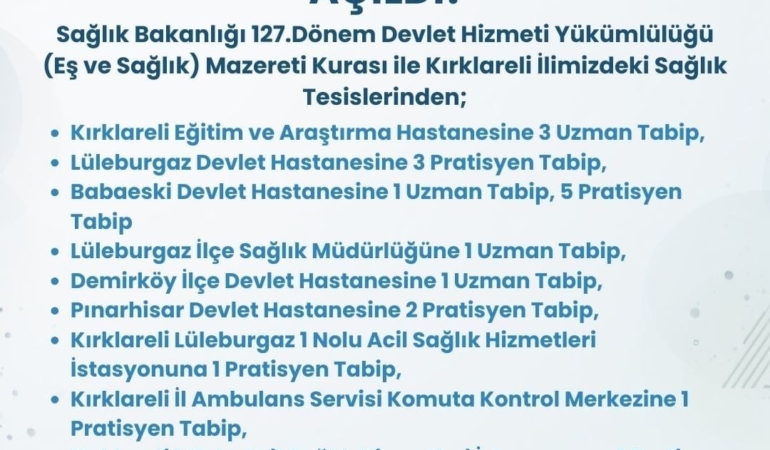 Kırklareli’ne 21 hekim kadrosu tahsis edildi