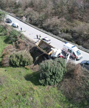Arnavutköy’de hafriyat kamyonu çayırlık alana uçtu, ağaçların devrildiği alan havadan görüntülendi