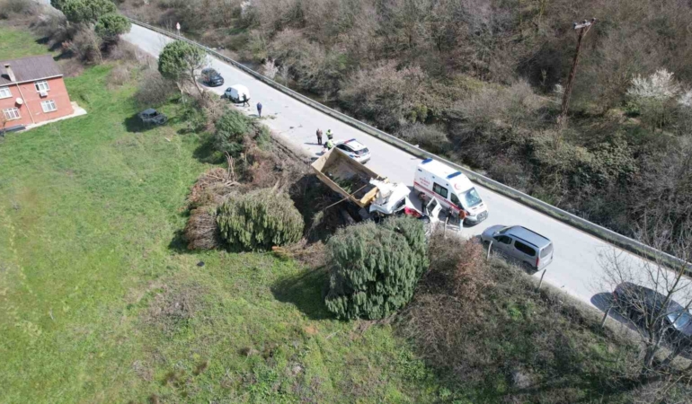Arnavutköy’de hafriyat kamyonu çayırlık alana uçtu, ağaçların devrildiği alan havadan görüntülendi