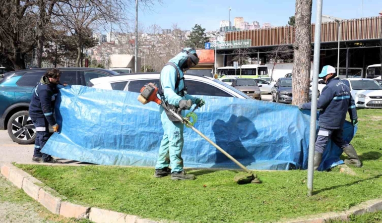 Kocaeli’de yeşil alan bakımlarında araçlar brandalarla korunuyor