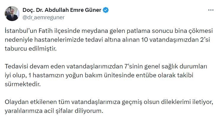 İstanbul İl Sağlık Müdürü Doç. Dr. Abdullah Emre Güner: "Tedavi altına alınan 10 vatandaşımızdan 2’si taburcu edilmiştir"