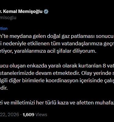 Bakan Memişoğlu: "Patlama sonucu oluşan enkazda yaralı olarak kurtarılan 8 vatandaşımızın tedavileri hastanelerimizde devam etmektedir"