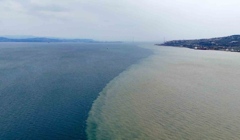 İzmit Körfezi iki renk oldu: Derenin taşıdığı çamur denizin rengini değiştirdi