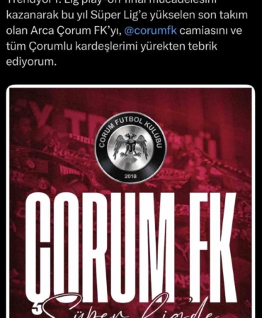 Cumhurbaşkanı Erdoğan, Süper Lig’e yükselen Çorum FK’yı tebrik etti