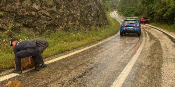 Aşırı yağış sonrası kayalar yola düştü