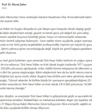 THY Yönetim Kurulu Başkanı Murat Şeker, Dünya Kabin Memurları Günü’nü kutladı