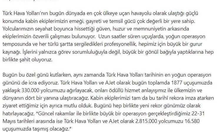 THY Yönetim Kurulu Başkanı Murat Şeker, Dünya Kabin Memurları Günü’nü kutladı