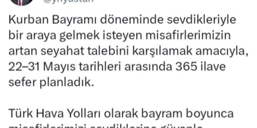 Türk Hava Yolları, Kurban Bayramı tatili için 365 ilave sefer planladı
