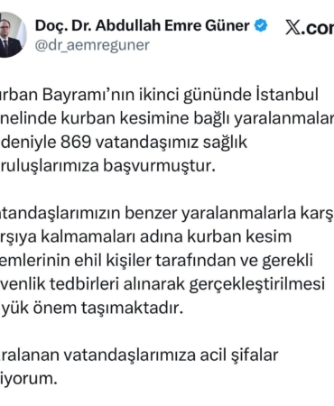 İstanbul İl Sağlık Müdürü Güner: "Kurban kesimine bağlı 869 vatandaşımız sağlık kuruluşlarımıza başvurmuştur"
