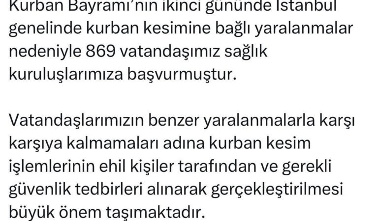 İstanbul İl Sağlık Müdürü Güner: “Kurban kesimine bağlı 869 vatandaşımız sağlık kuruluşlarımıza başvurmuştur”