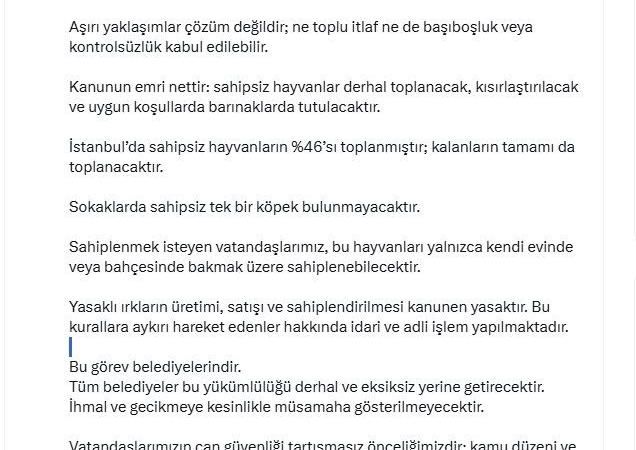 İstanbul Valisi Davut Gül: "Sahipsiz hayvanların yüzde 46’sı toplanmıştır; kalanların tamamı da toplanacaktır"